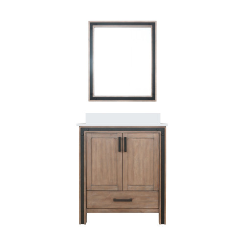 Lexora Ziva 30" Rustic Barnwood Single Vanity Cabinet, Cultured Marble Top, White Square Sink and 28" Mirror