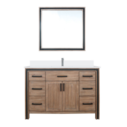 Lexora Ziva 48" Rustic Barnwood Single Vanity Cabinet, Cultured Marble Top, White Square Sink and 34" Mirror w/ Faucet