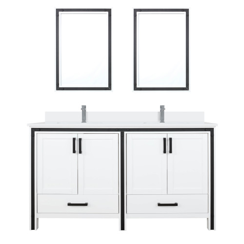 Lexora Ziva 60" White Double Vanity Cabinet, Cultured Marble Top, White Square Sink and 22" Mirrors w/ Faucet