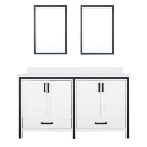 Lexora Ziva 60" White Double Vanity Cabinet, Cultured Marble Top, White Square Sink and 22" Mirrors