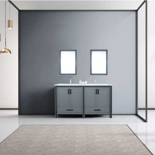 Lexora Ziva 60" Dark Grey Double Vanity, Cultured Marble Top, White Square Sink and 22" Mirrors w/ Faucet