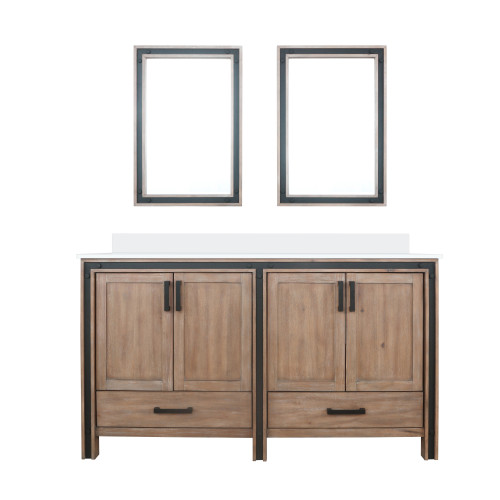 Lexora Ziva 60" Rustic Barnwood Double Vanity Cabinet, Cultured Marble Top, White Square Sink and 22" Mirrors