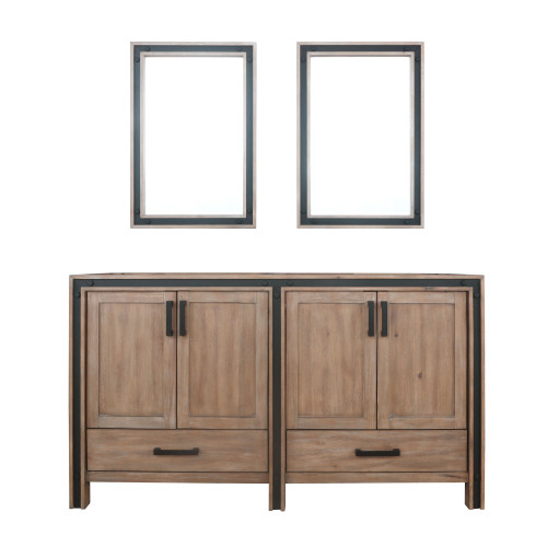 Lexora Ziva 60" Rustic Barnwood Double Vanity Cabinet, no Top and 22" Mirrors