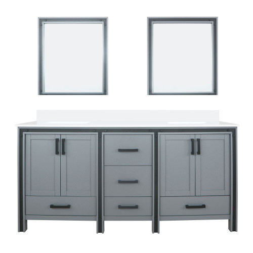 Lexora Ziva 72" Dark Grey Double Vanity Cabinet, Cultured Marble Top, White Square Sink and 30" Mirrors