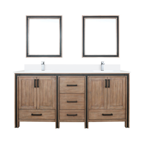 Lexora Ziva 72" Rustic Barnwood Double Vanity Cabinet, Cultured Marble Top, White Square Sink and 30" Mirrors w/ Faucet
