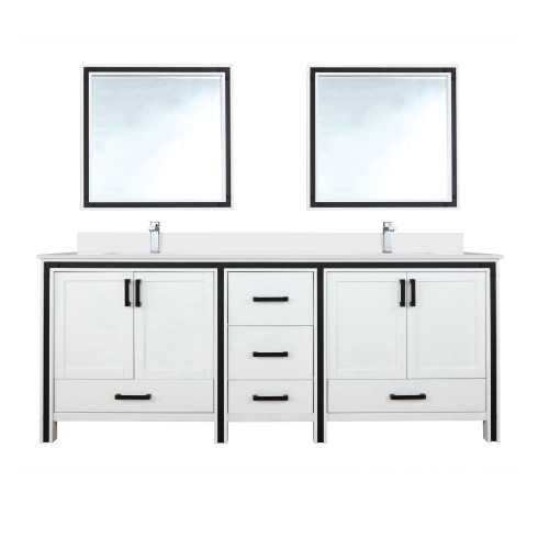 Lexora Ziva 84" White Double Vanity Cabinet, Cultured Marble Top, White Square Sink and 34" Mirrors w/ Faucet