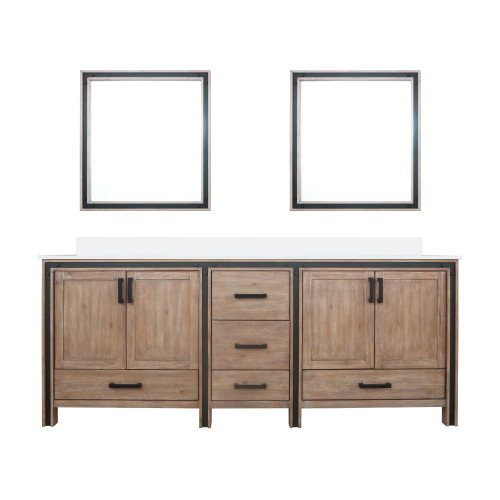 Lexora Ziva 84" Rustic Barnwood Double Vanity Cabinet, Cultured Marble Top, White Square Sink and 34" Mirrors