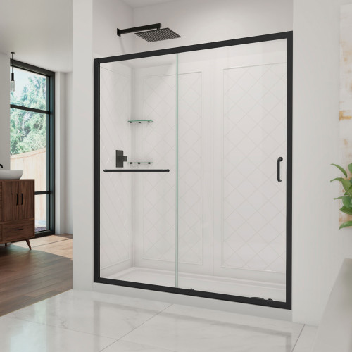 DreamLine Infinity-Z 30 in. D x 60 in. W x 76 3/4 in. H Clear Sliding Shower Door in Satin Black, Right Drain and Backwalls