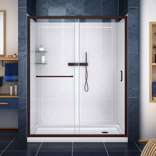 DreamLine Infinity-Z 32 in. D x 60 in. W x 76 3/4 in. H Clear Sliding Shower Door in Oil Rubbed Bronze, Right Drain and Backwalls