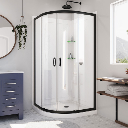 DreamLine Prime 36 in. x 76 3/4 in. Semi-Frameless Clear Glass Sliding Shower Enclosure in Satin Black with Base and Backwalls