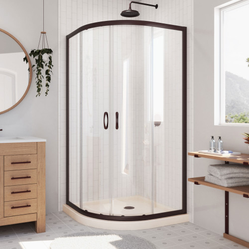 DreamLine Prime 33 in. x 74 3/4 in. Semi-Frameless Clear Glass Sliding Shower Enclosure in Oil Rubbed Bronze with Biscuit Base Kit
