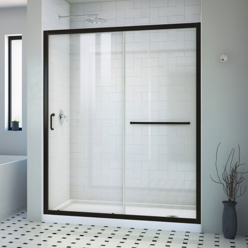 DreamLine Infinity-Z 32 in. D x 60 in. W x 74 3/4 in. H Clear Sliding Shower Door in Satin Black, Right Drain White Base