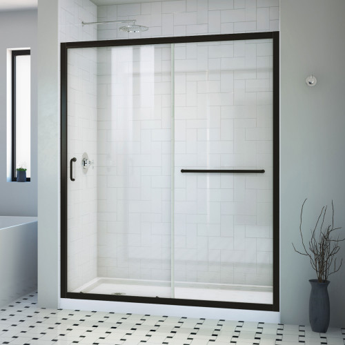 DreamLine Infinity-Z 36 in. D x 60 in. W x 74 3/4 in. H Clear Sliding Shower Door in Satin Black, Left Drain White Base