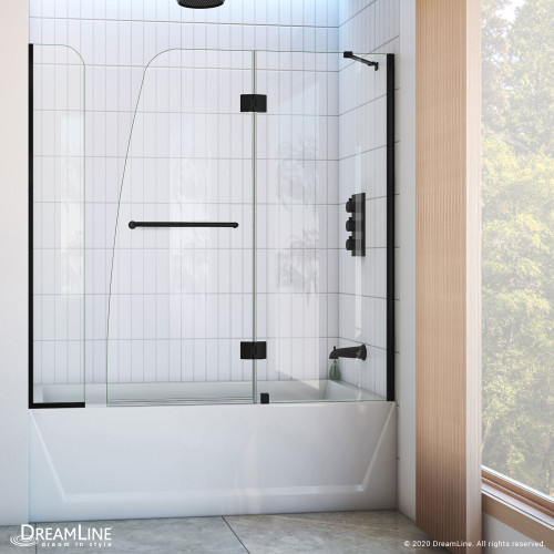 DreamLine Aqua 56-60 in. W x 58 in. H Frameless Hinged Tub Door with Extender Panel in Satin Black