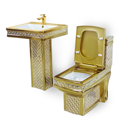 Maison De Philip ROM-SET2 Decorative Gold Toilet and Pedestal Sink Set without Faucet