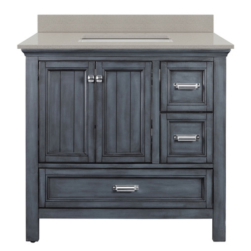 Foremost BABVT3722D-QGS Brantley 37" Harbor Blue Vanity With Galaxy Sand Quartz Sink Counter Top With White Sink