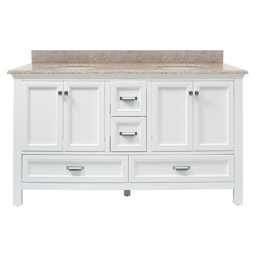 Foremost BAWVT6122D-MB Brantley 61" White Vanity With Mohave Beige Granite Vanity Sink Top