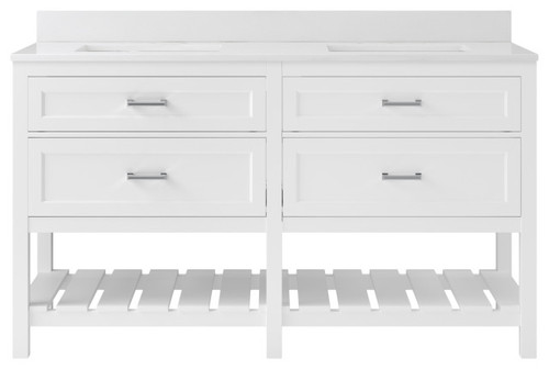 Foremost  LSWVT6122D-QSW Lawson 61" White Vanity Cabinet with Snow White Quartz Sink Top