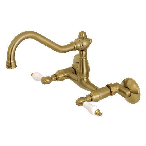 Kingston Brass KS3227PL Vintage 6" Adjustable Center Wall Mount Kitchen Faucet, Brushed Brass