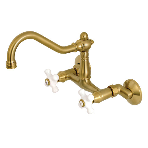 Kingston Brass KS3227PX Vintage 6" Adjustable Center Wall Mount Kitchen Faucet, Brushed Brass