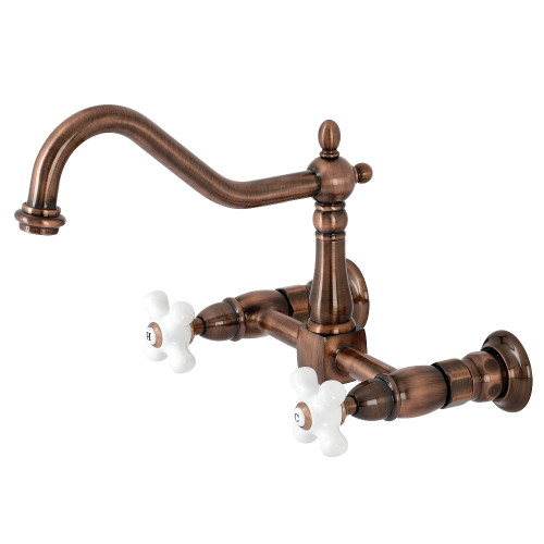 Kingston Brass KS124PXAC Heritage Wall Mount Bridge Kitchen Faucet, Antique Copper