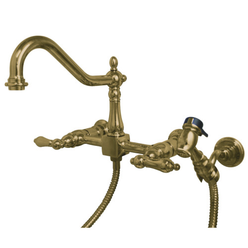 Kingston Brass KS1242ALBS Heritage Wall Mount Bridge Kitchen Faucet with Brass Spray, Polished Brass