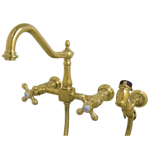 Kingston Brass KS1242AXBS Heritage Wall Mount Bridge Kitchen Faucet with Brass Spray, Polished Brass