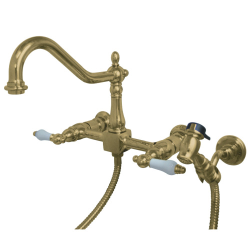 Kingston Brass KS1242PLBS Heritage Wall Mount Bridge Kitchen Faucet with Brass Spray, Polished Brass