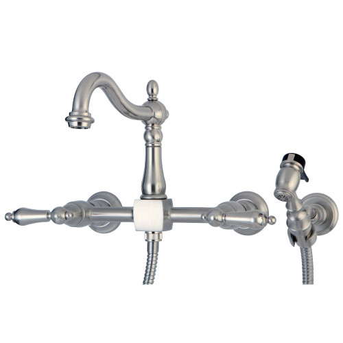 Kingston Brass KS1268ALBS Heritage Wall Mount Bridge Kitchen Faucet with Brass Sprayer, Brushed Nickel