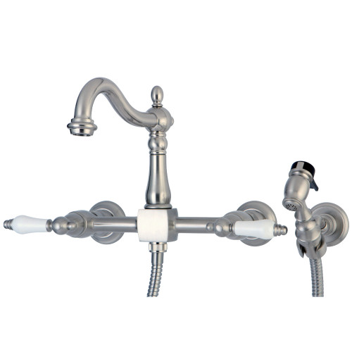 Kingston Brass KS1268PLBS Heritage Wall Mount Bridge Kitchen Faucet with Brass Sprayer, Brushed Nickel