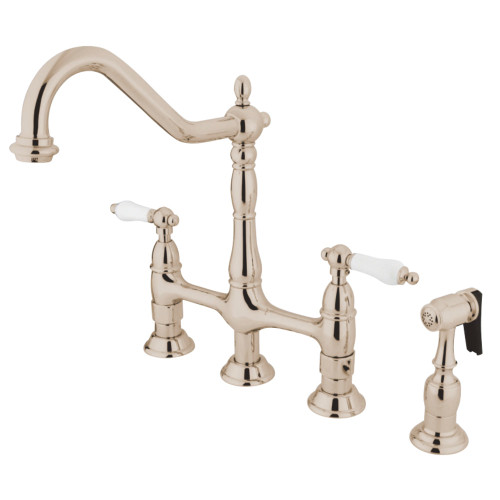 Kingston Brass KS1276PLBS Heritage Bridge Kitchen Faucet with Brass Sprayer, Polished Nickel