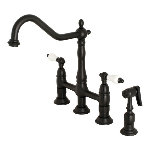 Kingston Brass KS1270PLBS Heritage Bridge Kitchen Faucet with Brass Sprayer, Matte Black