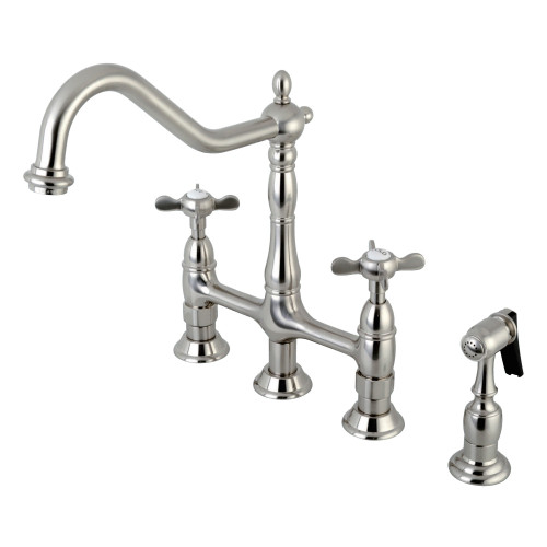 Kingston Brass KS1278BEXBS Essex Bridge Kitchen Faucet with Brass Sprayer, Brushed Nickel