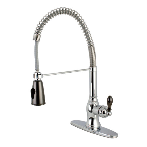 Kingston Brass Gourmetier Kaiser Spring Spout Pull Down Spray Pre-Rinse Kitchen Faucet, Polished Chrome/Black Stainless Steel