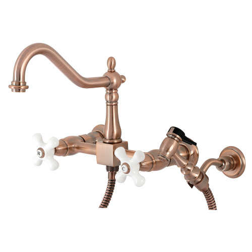 Kingston Brass KS124PXBSAC Heritage Wall Mount Bridge Kitchen Faucet with Brass Spray, Antique Copper