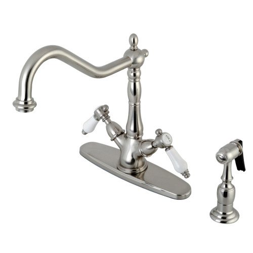 Kingston Brass KS1238BPLBS Two Handle Single Hole Kitchen Faucet with Brass Side Sprayer, Brushed Nickel