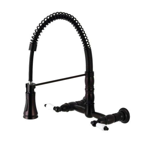 Kingston Brass Gourmetier GS1245PL Heritage Two Handle Wall-Mount Pull-Down Sprayer Kitchen Faucet, Oil Rubbed Bronze