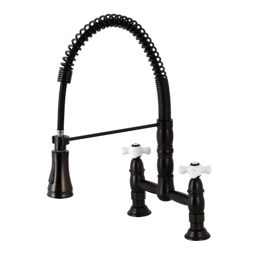 Kingston Brass Gourmetier GS1275PX Heritage Two Handle Deck-Mount Pull-Down Sprayer Kitchen Faucet, Oil Rubbed Bronze