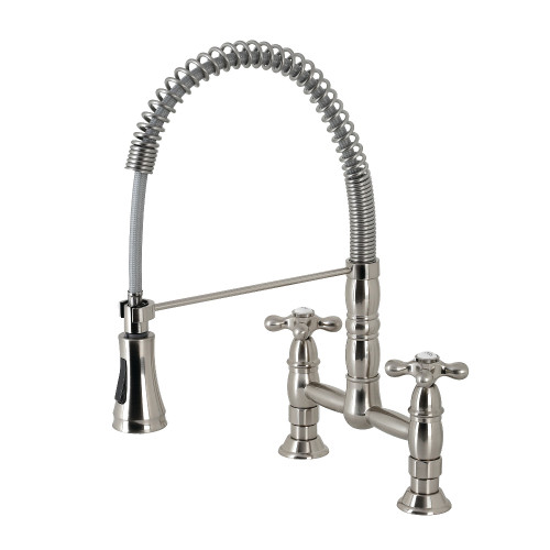 Kingston Brass Gourmetier GS1278AX Heritage Two Handle Deck-Mount Pull-Down Sprayer Kitchen Faucet, Brushed Nickel