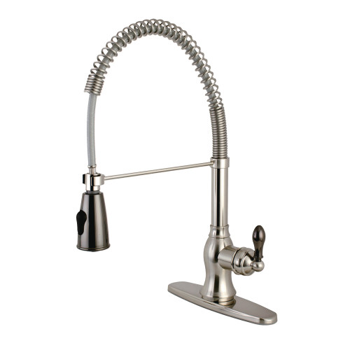Kingston Brass Gourmetier Kaiser Single Handle Spring Spout Pre-Rinse Pull Down Kitchen Faucet, Brushed Nickel/Black Stainless Steel - GSY8898AKL