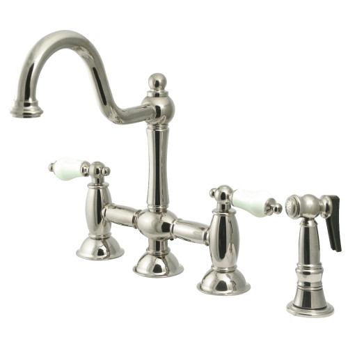 Kingston Brass KS3798PLBS Restoration Bridge Kitchen Faucet with Brass Sprayer, Brushed Nickel