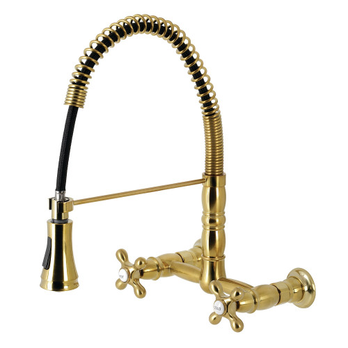 Kingston Brass Gourmetier GS1247AX Heritage Two Handle Wall-Mount Pull-Down Sprayer Kitchen Faucet, Brushed Brass