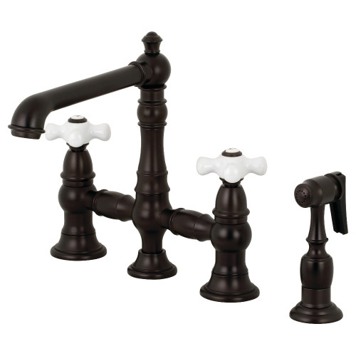 Kingston Brass KS7275PXBS English Country 8" Bridge Kitchen Faucet with Sprayer, Oil Rubbed Bronze