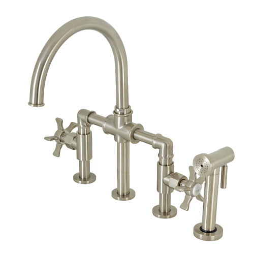 Kingston Brass KS2338NX Hamilton Industrial Style Bridge Kitchen Faucet with Brass Sprayer, Brushed Nickel