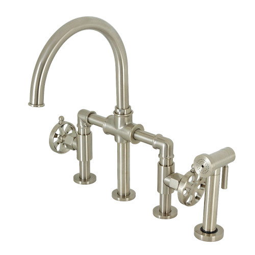 Kingston Brass KS2338RX Belknap Industrial Style Bridge Kitchen Faucet with Brass Sprayer, Brushed Nickel