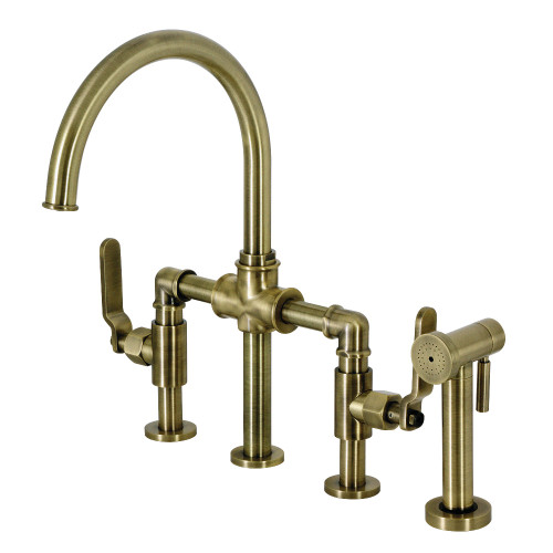Kingston Brass KS2333KL Whitaker Industrial Style Bridge Kitchen Faucet with Brass Sprayer, Antique Brass