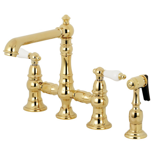 Kingston Brass KS7272PLBS English Country 8" Bridge Kitchen Faucet with Sprayer, Polished Brass