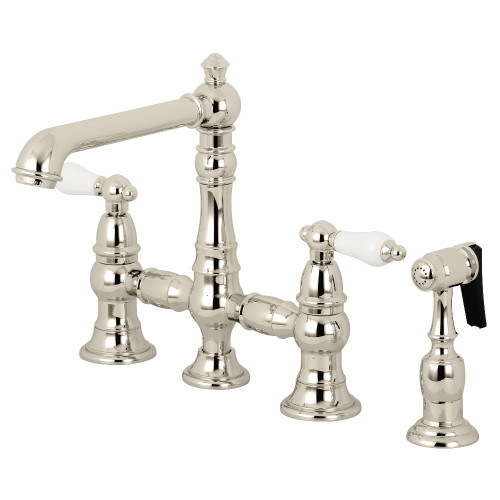 Kingston Brass KS7276PLBS English Country 8" Bridge Kitchen Faucet with Sprayer, Polished Nickel