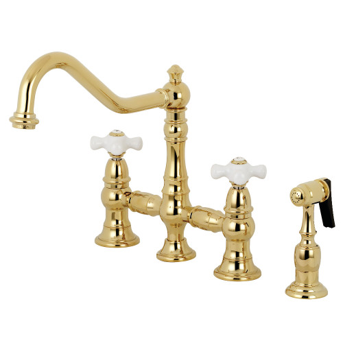Kingston Brass KS3272PXBS Restoration 8" Bridge Kitchen Faucet with Sprayer, Polished Brass