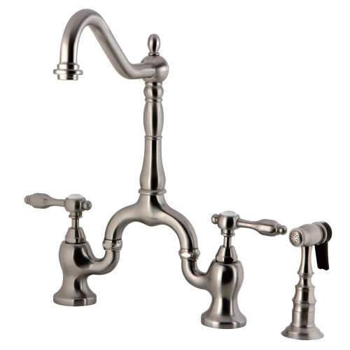 Kingston Brass KS7758TALBS Tudor Bridge Kitchen Faucet with Brass Sprayer, Brushed Nickel